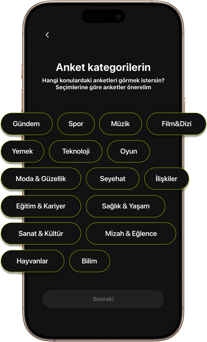 Kayıt sırasındaki anket kategorisi seçimi: on altı kategori, lime çerçeveli haplar hâlinde.