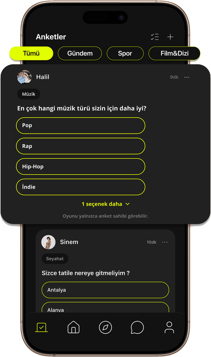 Toffe'nin Anketler sekmesi: üstte kategori şeridi, altında seçenekleri henüz oylanmamış bir anket kartı.