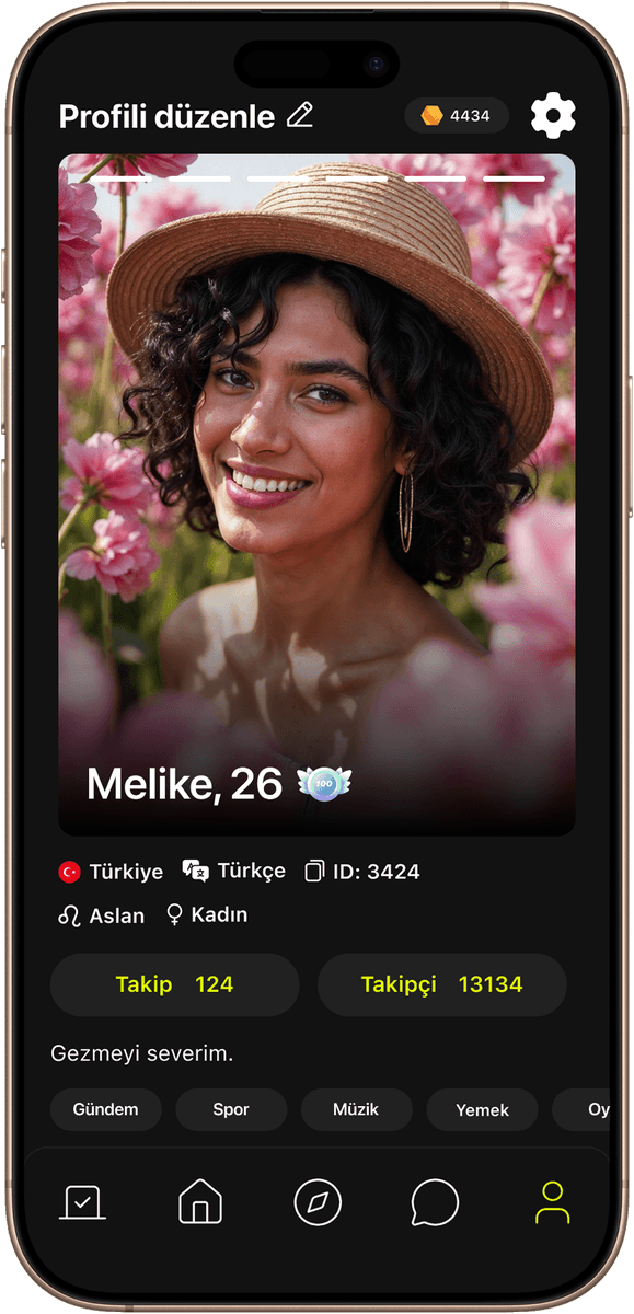 Kendi profilini düzenleme ekranı: fotoğraf, ad ve yaş, ülke, dil, burç, takip sayıları, biyografi ve anket kategorileri.